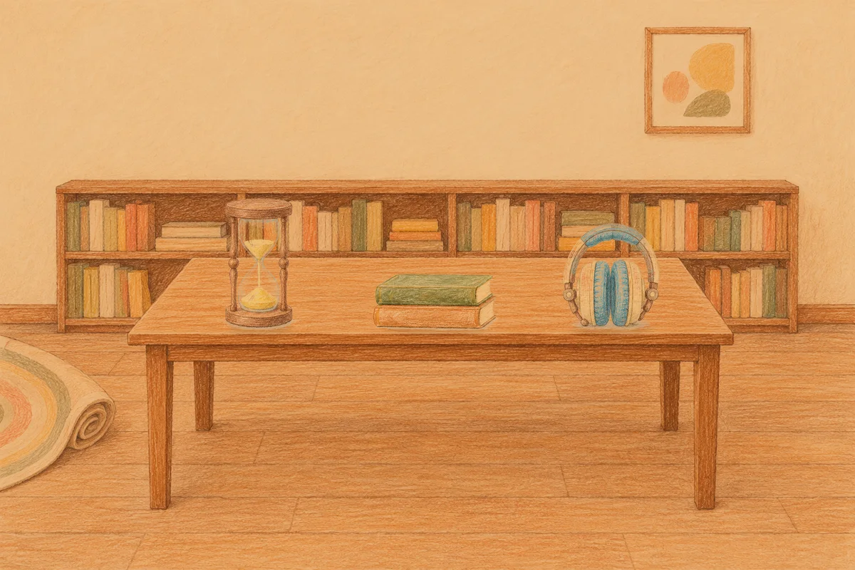 성남 여성전용 샵 마사지 안내 그림, 저녁의 서재 긴 책상 위에 놓인 모래시계, 책 두 권, 헤드폰