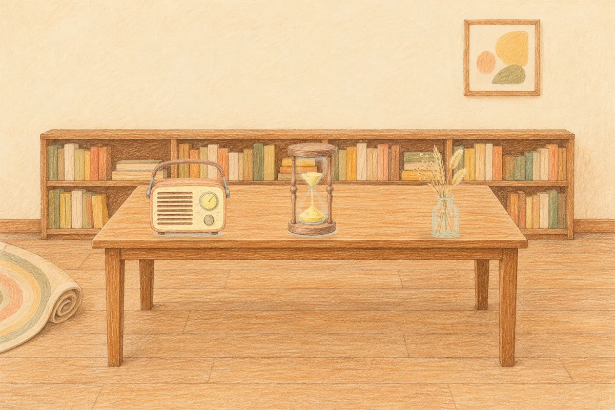 성남 여성전용 가격 마사지 안내 그림, 낮의 서재 긴 책상 위에 놓인 작은 라디오, 모래시계, 마른 풀을 꽂은 항아리