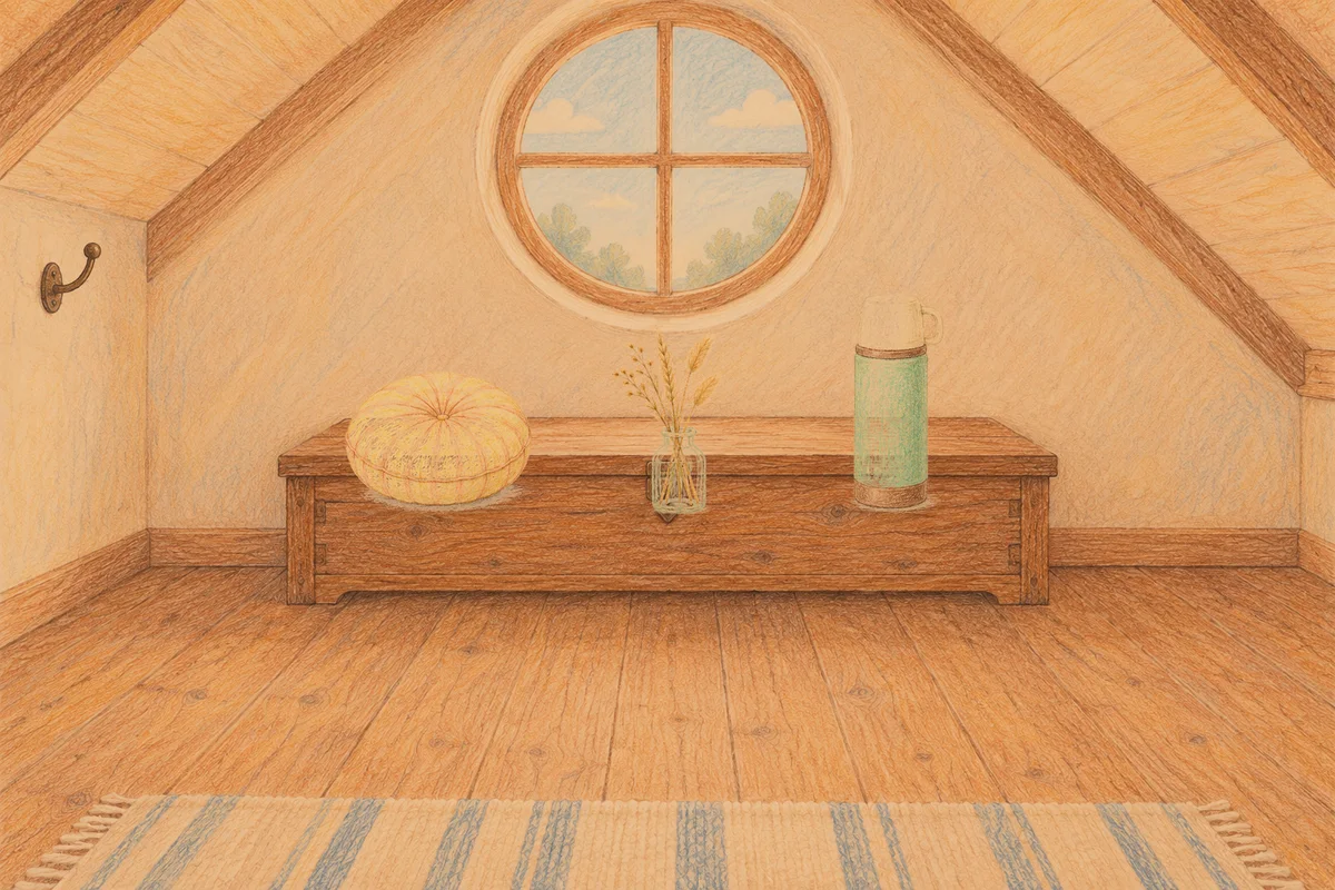 분당 여성전용 아로마테라피 안내 그림, 저녁의 다락방 나무 궤짝 위에 놓인 둥근 쿠션, 마른 풀을 꽂은 항아리, 보온병