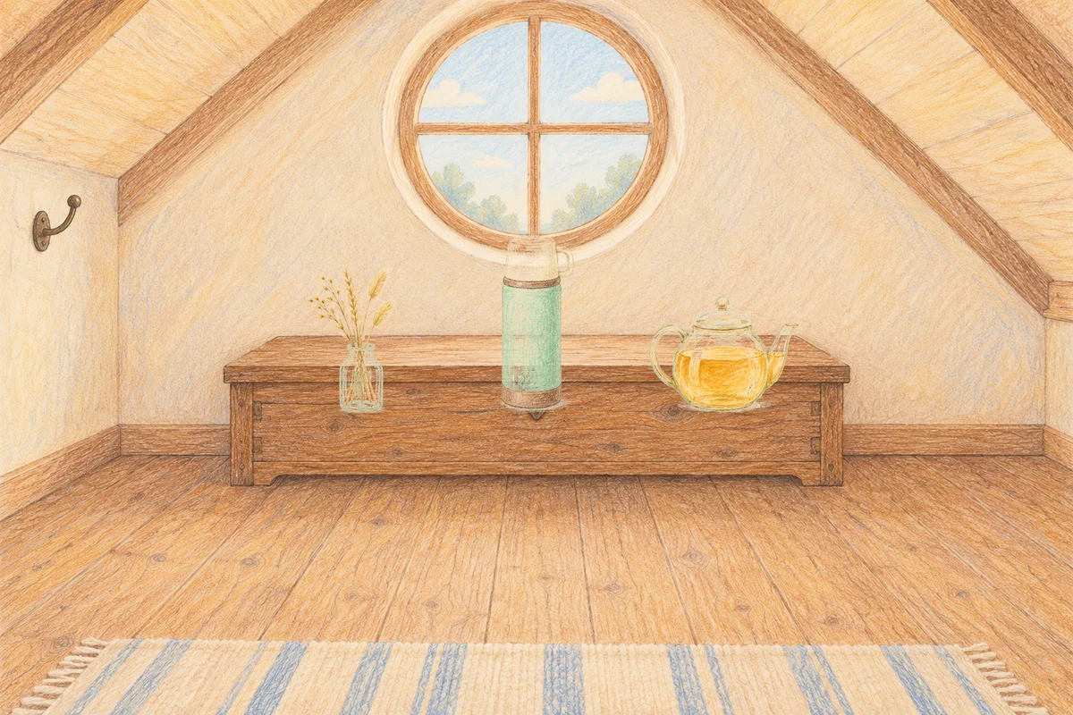 분당 여성전용 스웨디시 후기 안내 그림, 낮의 다락방 나무 궤짝 위에 놓인 마른 풀을 꽂은 항아리, 보온병, 유리 티포트