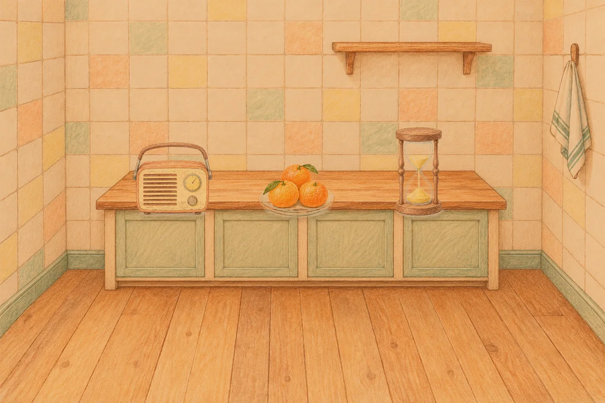 분당 여성전용 아로마 마사지 후기 안내 그림, 저녁의 부엌 나무 조리대 위에 놓인 작은 라디오, 귤이 담긴 접시, 모래시계