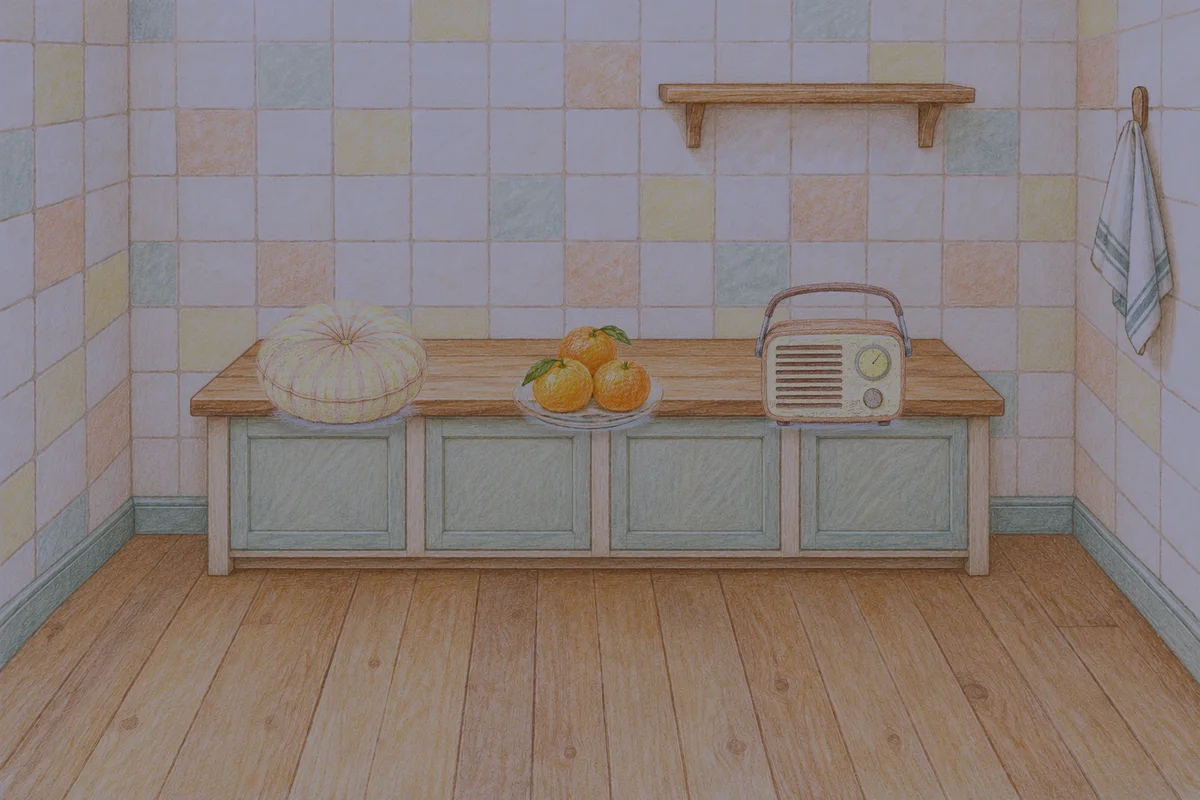 분당 여성전용 아로마 가격 안내 그림, 밤의 부엌 나무 조리대 위에 놓인 둥근 쿠션, 귤이 담긴 접시, 작은 라디오