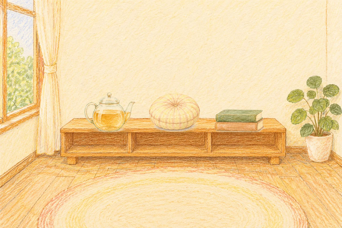 분당 여성전용 아로마 추천 안내 그림, 낮의 창가 낮은 선반 위에 놓인 유리 티포트, 둥근 쿠션, 책 두 권