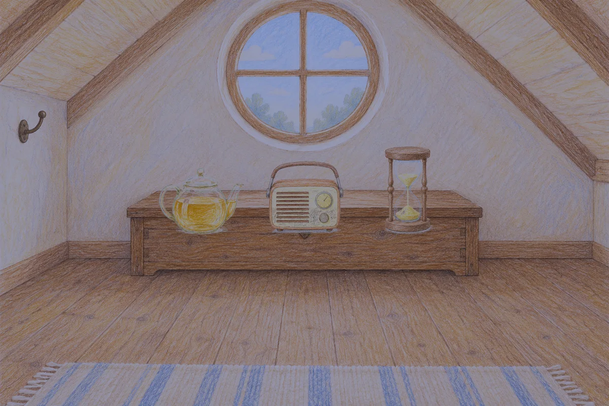 분당 여성전용 경락 마사지 안내 그림, 밤의 다락방 나무 궤짝 위에 놓인 유리 티포트, 작은 라디오, 모래시계