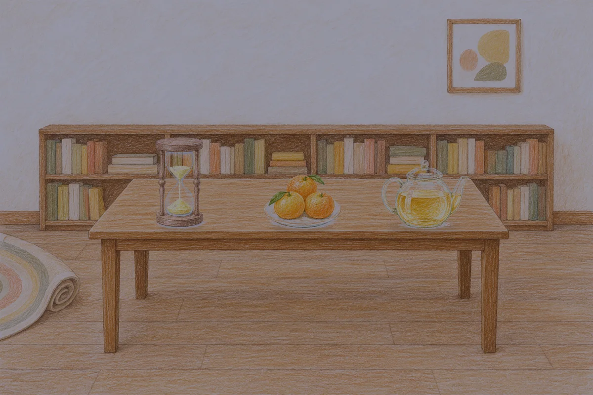 분당 여성전용 경락 케어 안내 그림, 밤의 서재 긴 책상 위에 놓인 모래시계, 귤이 담긴 접시, 유리 티포트