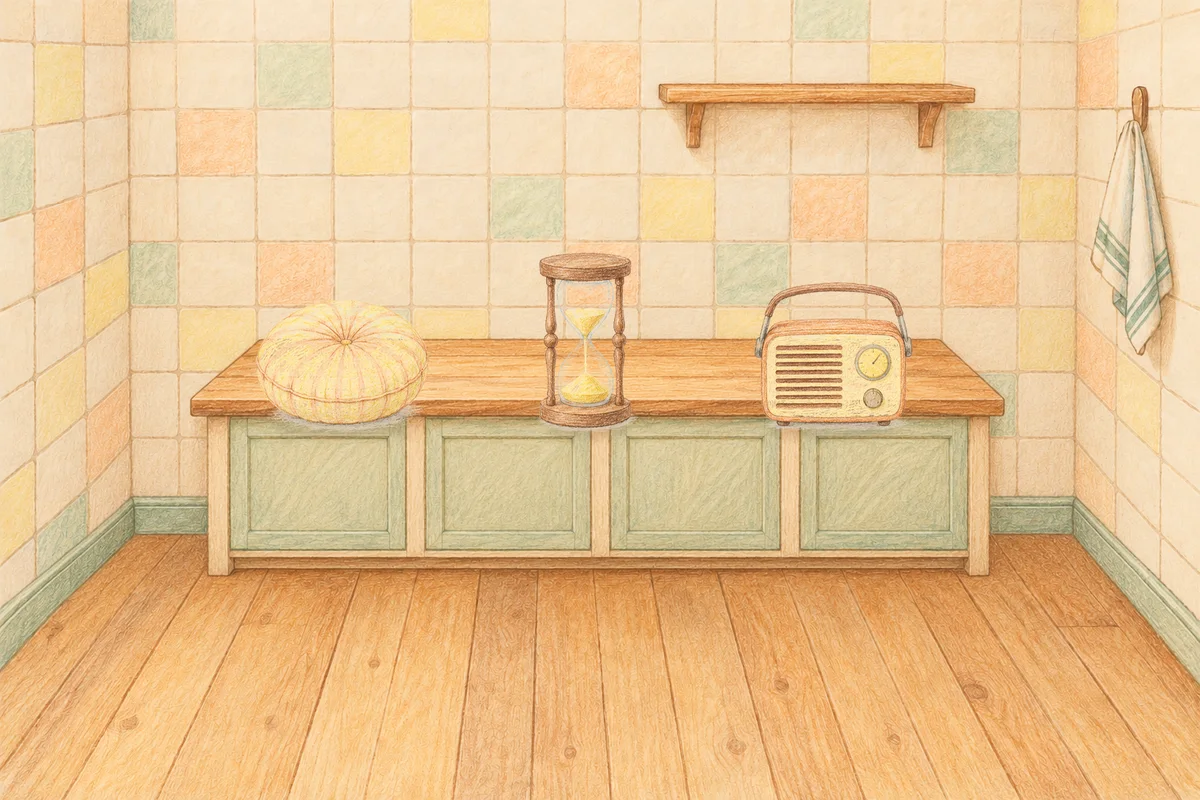 분당 여성전용 얼굴 경락 안내 그림, 낮의 부엌 나무 조리대 위에 놓인 둥근 쿠션, 모래시계, 작은 라디오