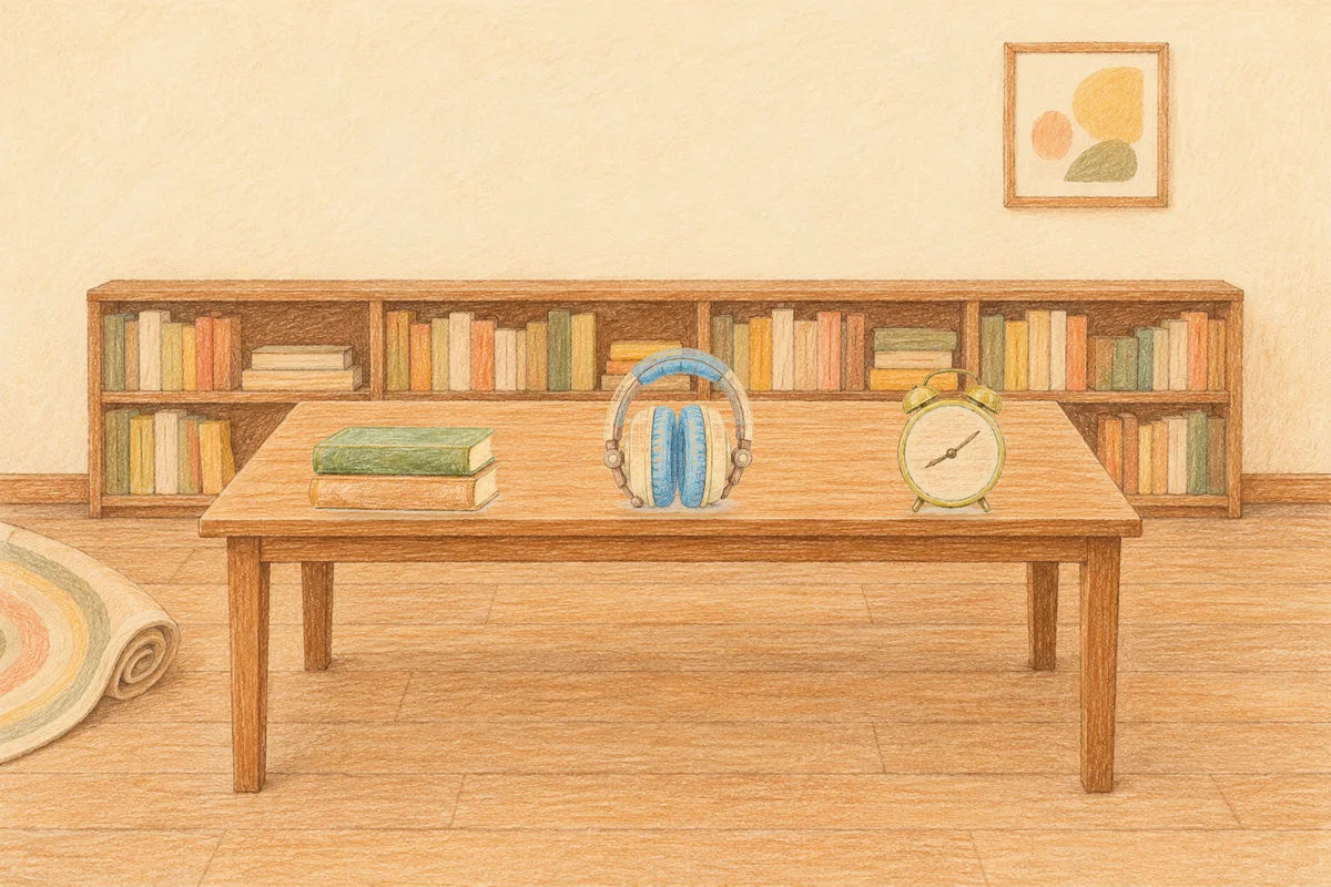 분당 여성전용 바디 경락 안내 그림, 낮의 서재 긴 책상 위에 놓인 책 두 권, 헤드폰, 둥근 알람시계