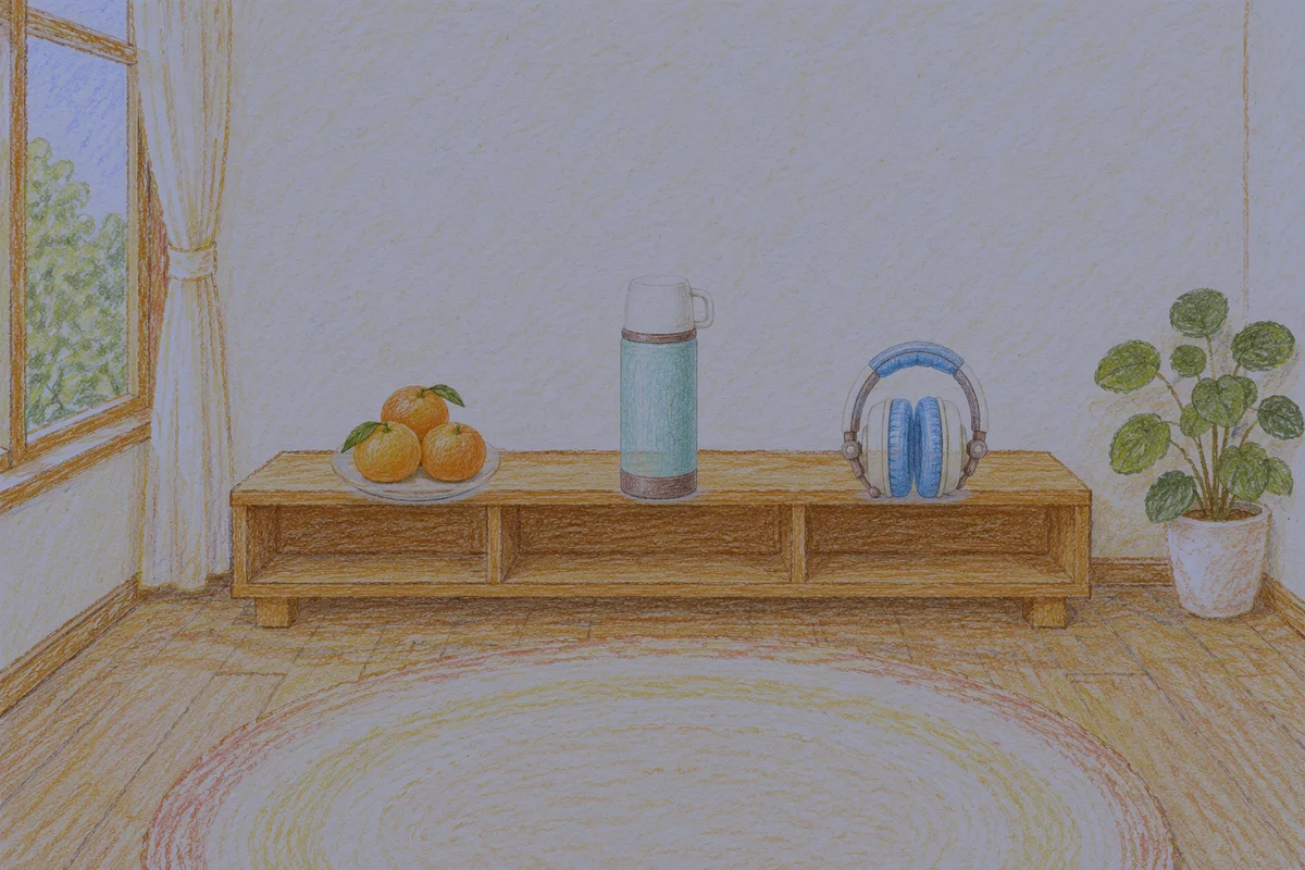 분당 여성전용 홈케어 안내 그림, 밤의 창가 낮은 선반 위에 놓인 귤이 담긴 접시, 보온병, 헤드폰