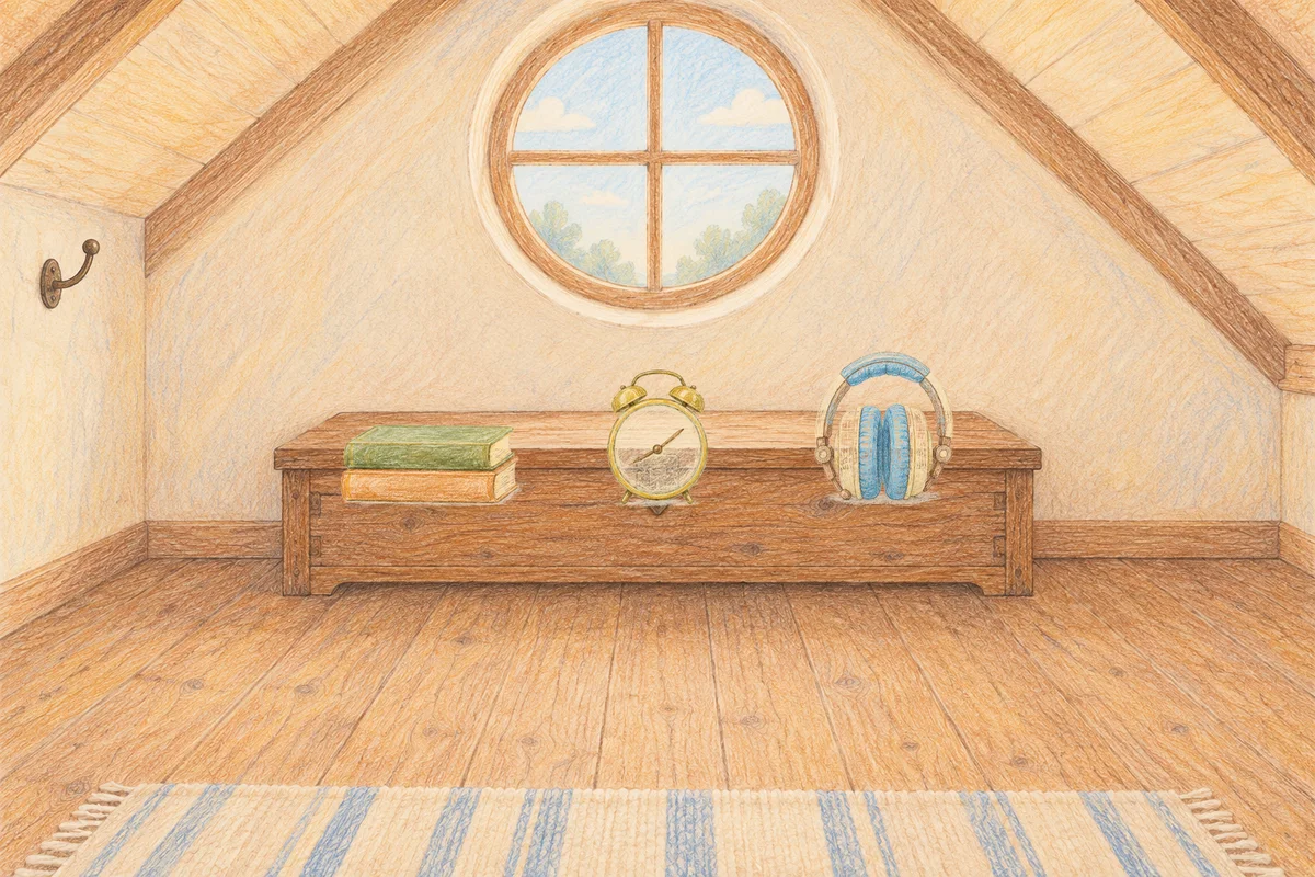 분당 여성전용 방문 마사지 안내 그림, 낮의 다락방 나무 궤짝 위에 놓인 책 두 권, 둥근 알람시계, 헤드폰