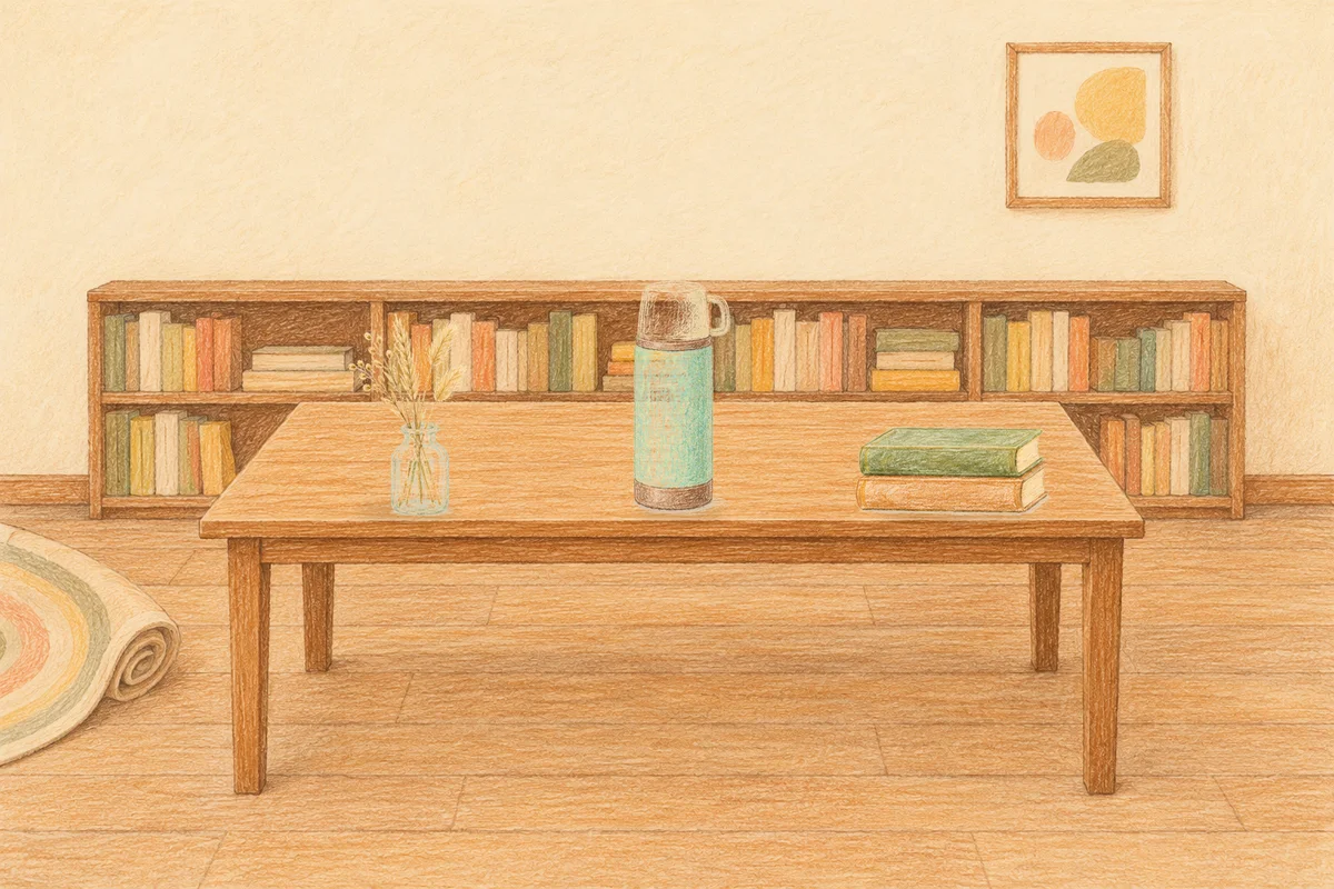 분당 여성전용 1인샵 안내 그림, 낮의 서재 긴 책상 위에 놓인 마른 풀을 꽂은 항아리, 보온병, 책 두 권