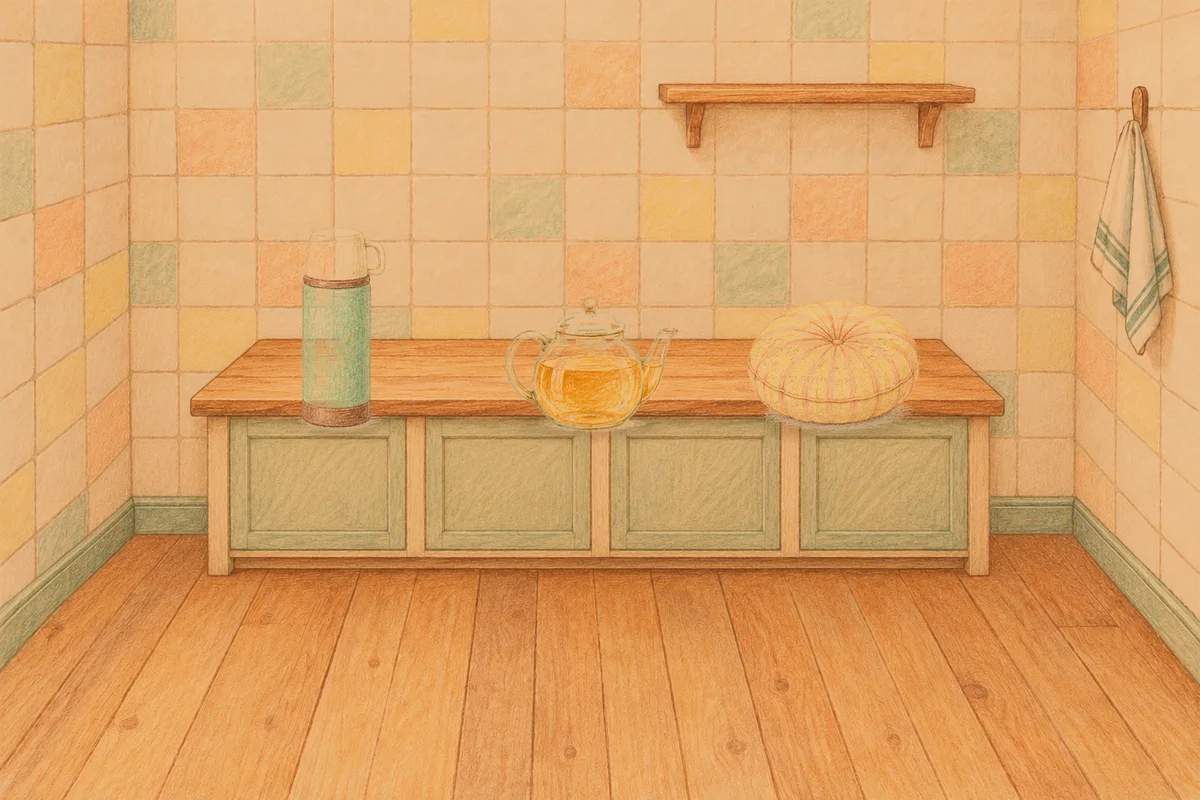 분당 여성전용 홈케어 후기 안내 그림, 저녁의 부엌 나무 조리대 위에 놓인 보온병, 유리 티포트, 둥근 쿠션