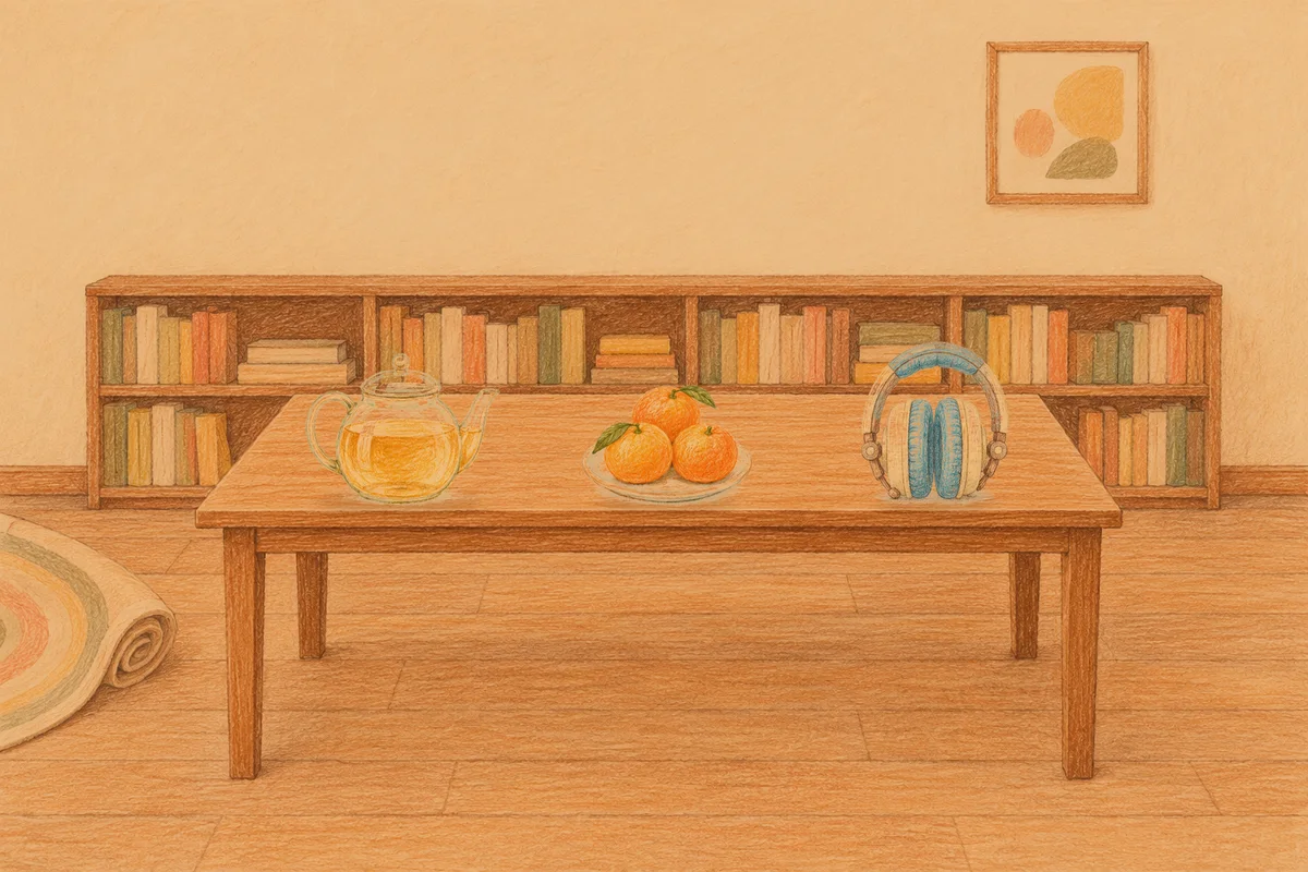 분당 여성전용 발 부종 케어 안내 그림, 저녁의 서재 긴 책상 위에 놓인 유리 티포트, 귤이 담긴 접시, 헤드폰