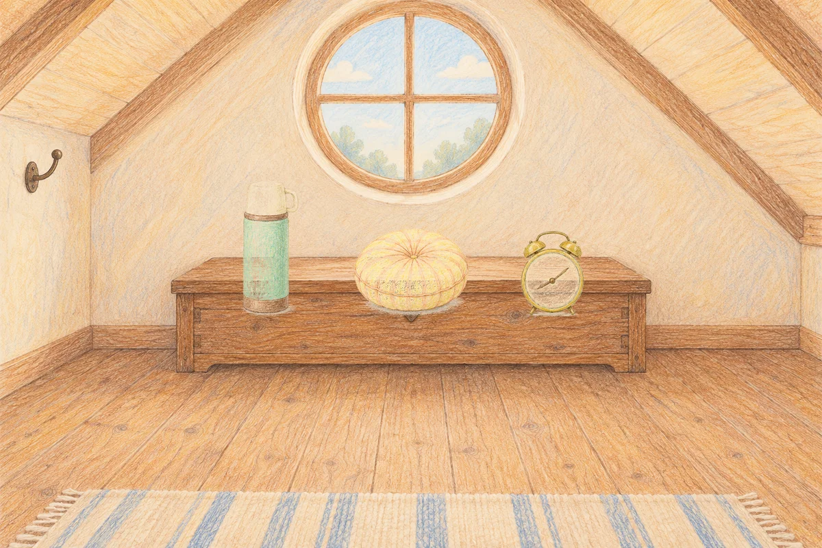 분당 여성전용 발관리 후기 안내 그림, 낮의 다락방 나무 궤짝 위에 놓인 보온병, 둥근 쿠션, 둥근 알람시계
