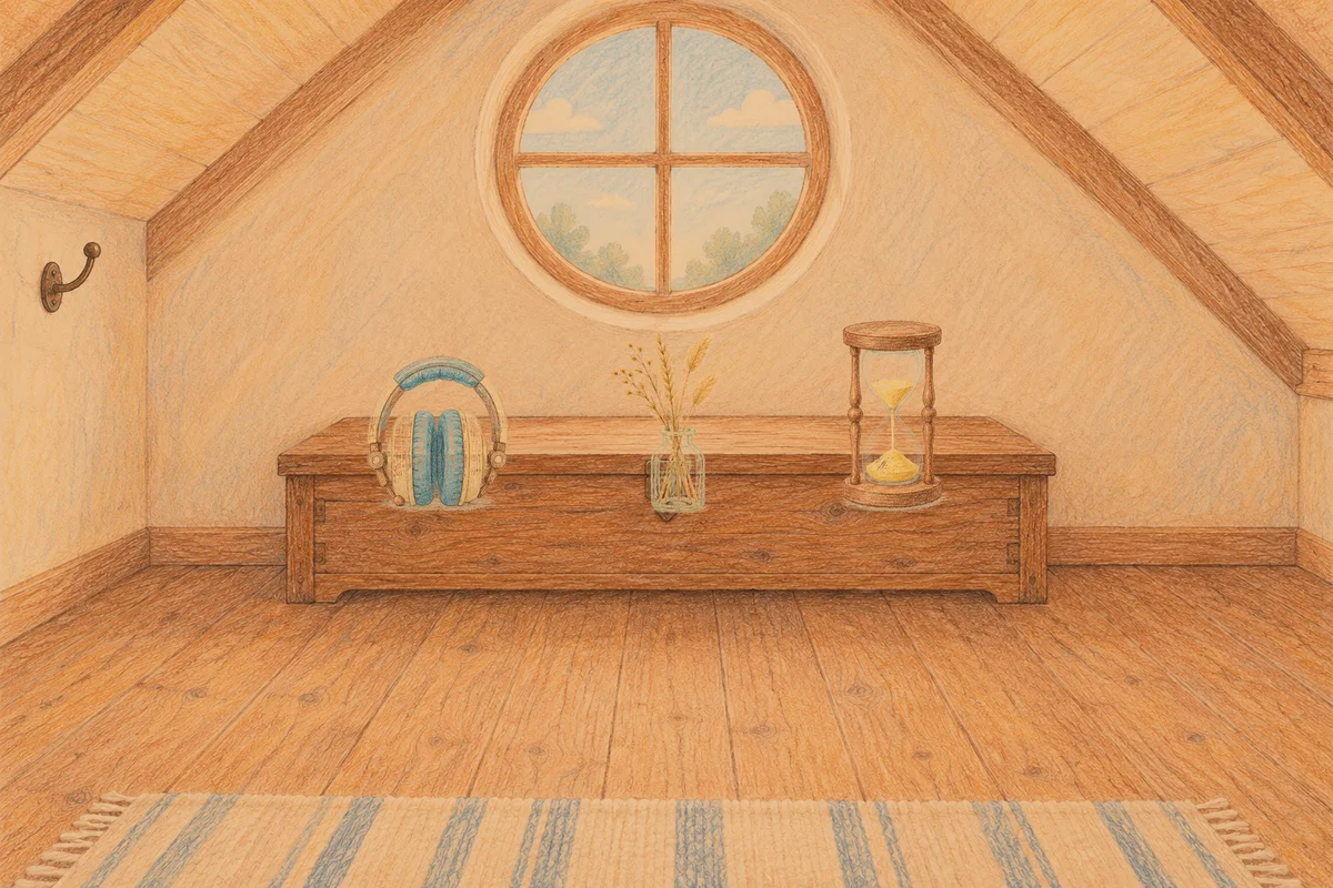 분당 여성전용 림프 마사지 안내 그림, 저녁의 다락방 나무 궤짝 위에 놓인 헤드폰, 마른 풀을 꽂은 항아리, 모래시계