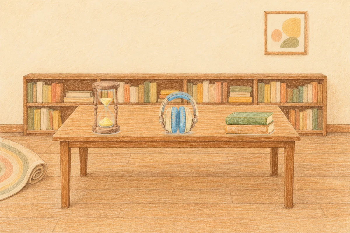 분당 여성전용 부종 케어 안내 그림, 낮의 서재 긴 책상 위에 놓인 모래시계, 헤드폰, 책 두 권