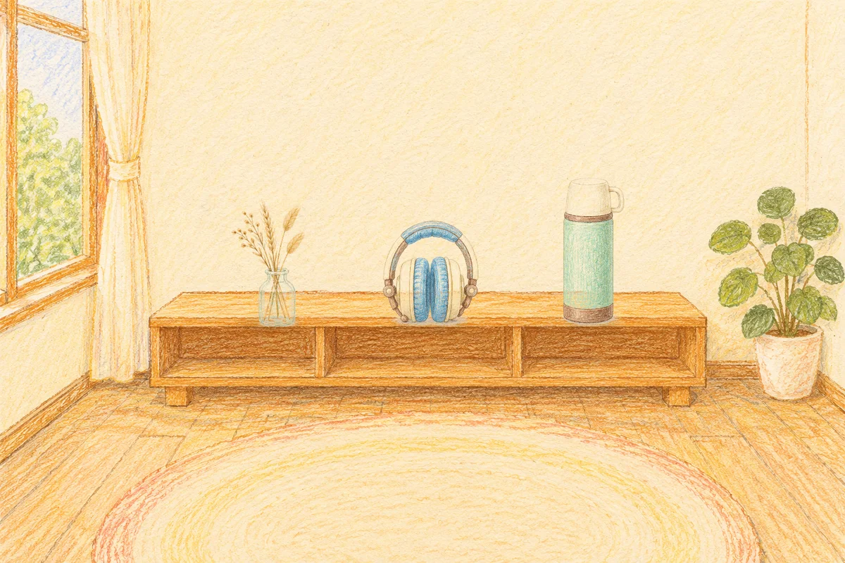 분당 여성전용 바디 케어 안내 그림, 낮의 창가 낮은 선반 위에 놓인 마른 풀을 꽂은 항아리, 헤드폰, 보온병
