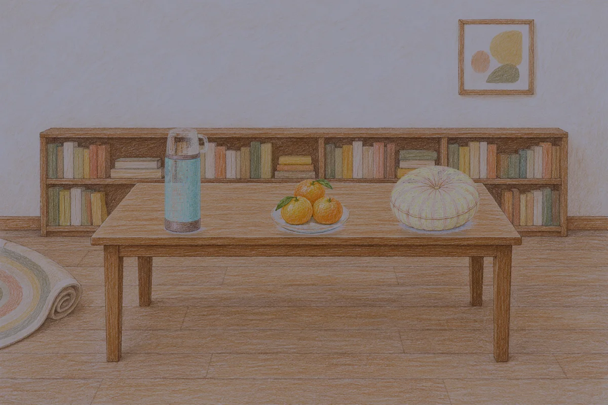분당 여성전용 슬리밍 마사지 안내 그림, 밤의 서재 긴 책상 위에 놓인 보온병, 귤이 담긴 접시, 둥근 쿠션