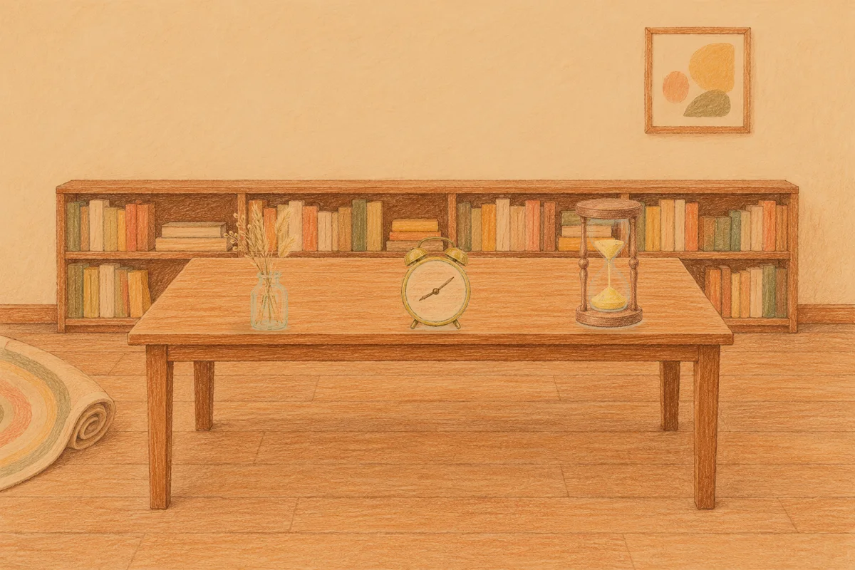 분당 여성전용 복부 마사지 안내 그림, 저녁의 서재 긴 책상 위에 놓인 마른 풀을 꽂은 항아리, 둥근 알람시계, 모래시계