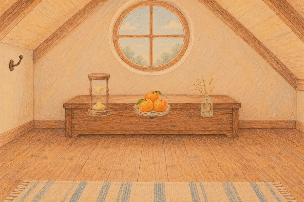 분당 여성전용 수면 케어 안내 그림, 저녁의 다락방 나무 궤짝 위에 놓인 모래시계, 귤이 담긴 접시, 마른 풀을 꽂은 항아리