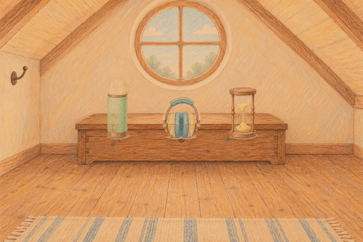 분당 여성전용 페이셜 마사지 안내 그림, 저녁의 다락방 나무 궤짝 위에 놓인 보온병, 헤드폰, 모래시계