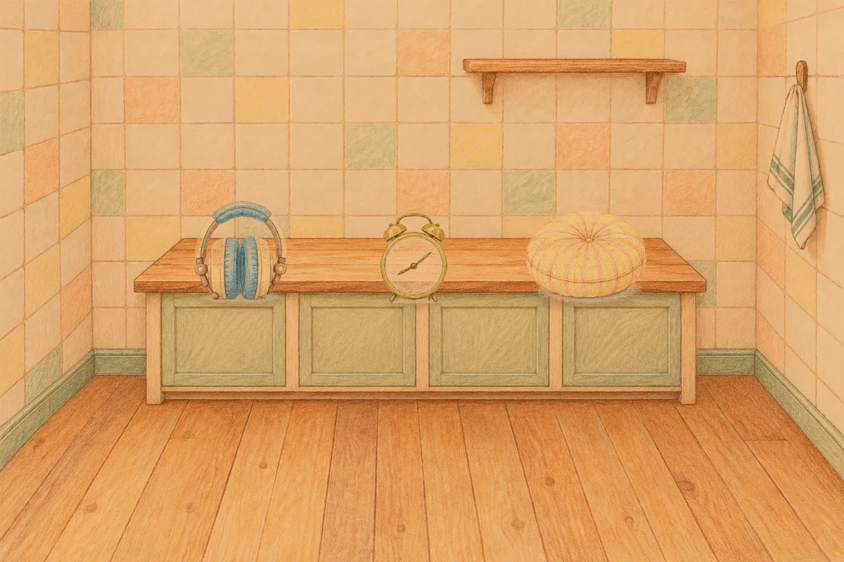 분당 여성전용 얼굴 마사지 안내 그림, 저녁의 부엌 나무 조리대 위에 놓인 헤드폰, 둥근 알람시계, 둥근 쿠션
