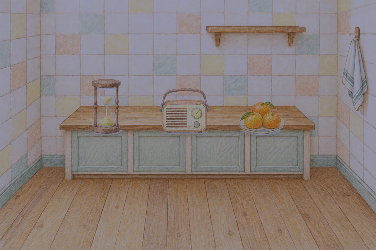 분당 여성전용 안티에이징 케어 안내 그림, 밤의 부엌 나무 조리대 위에 놓인 모래시계, 작은 라디오, 귤이 담긴 접시