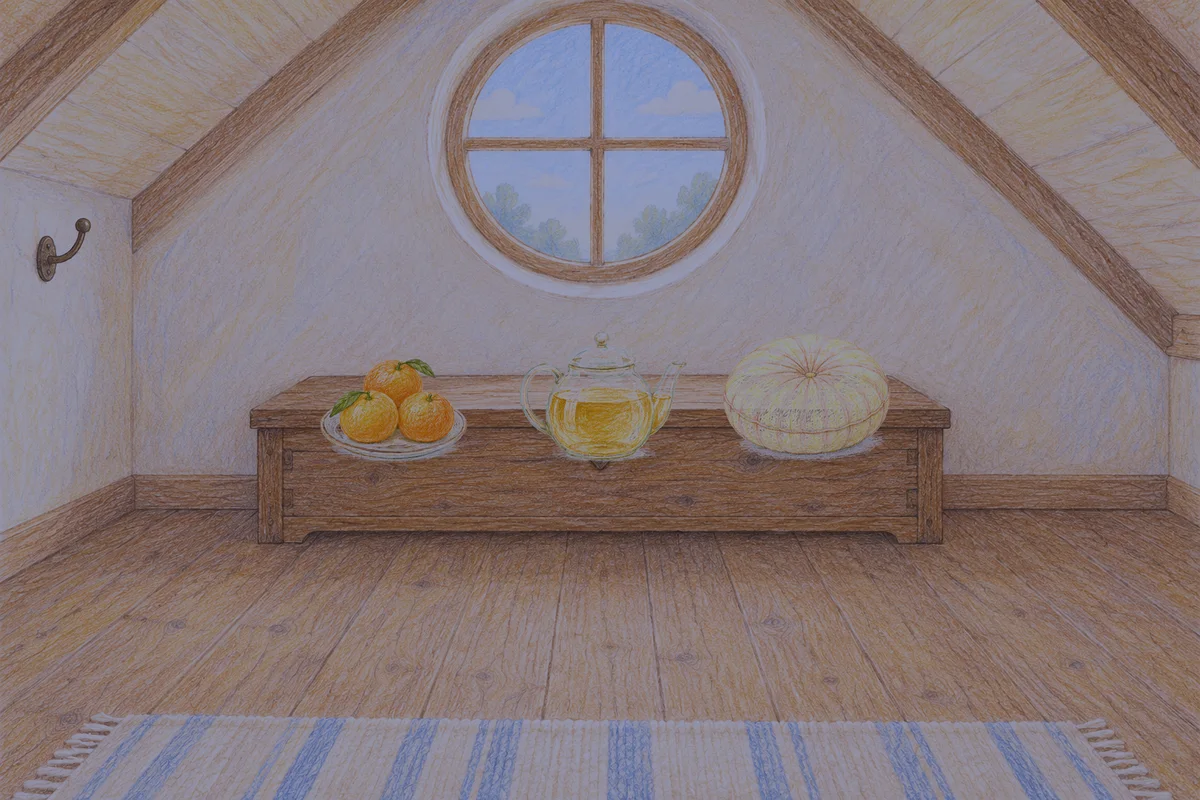 분당 여성전용 피부 관리 안내 그림, 밤의 다락방 나무 궤짝 위에 놓인 귤이 담긴 접시, 유리 티포트, 둥근 쿠션