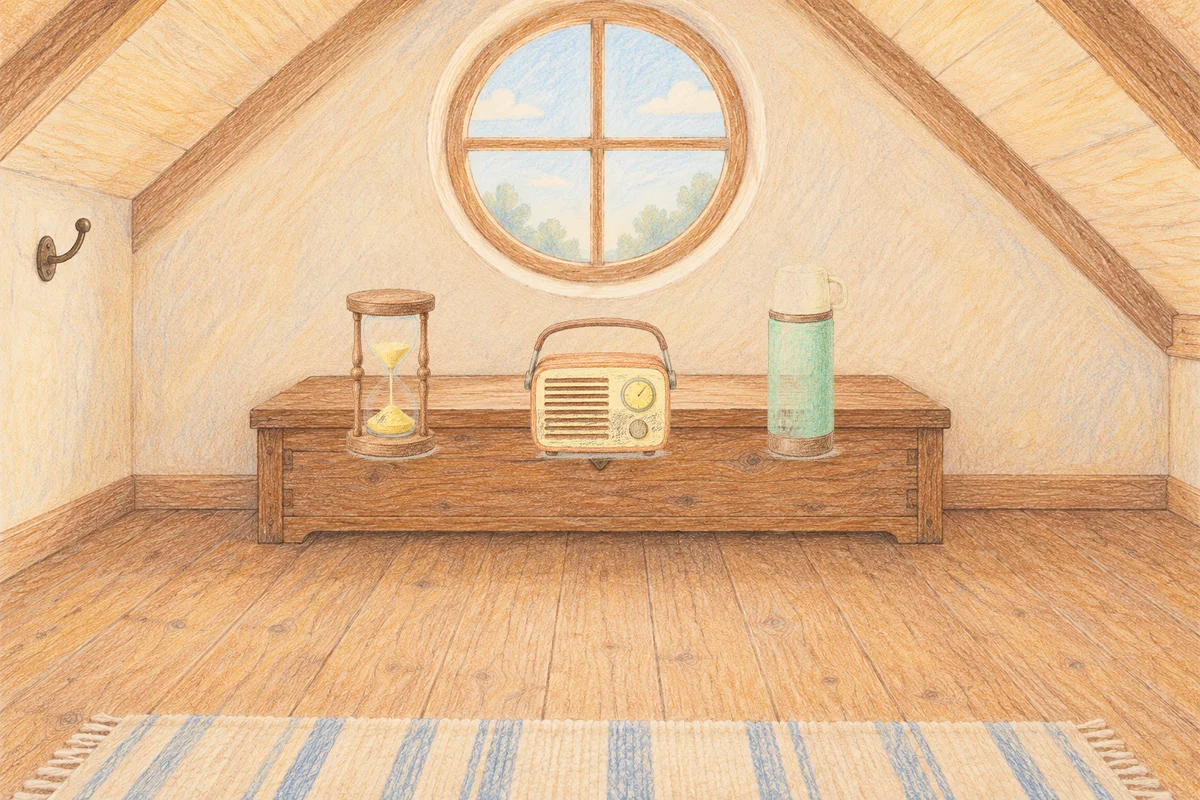 분당 여성전용 예약 마사지 안내 그림, 낮의 다락방 나무 궤짝 위에 놓인 모래시계, 작은 라디오, 보온병