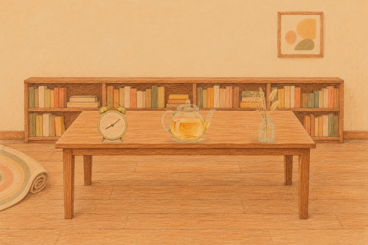 분당 여성전용 출장 마사지 후기 안내 그림, 저녁의 서재 긴 책상 위에 놓인 둥근 알람시계, 유리 티포트, 마른 풀을 꽂은 항아리