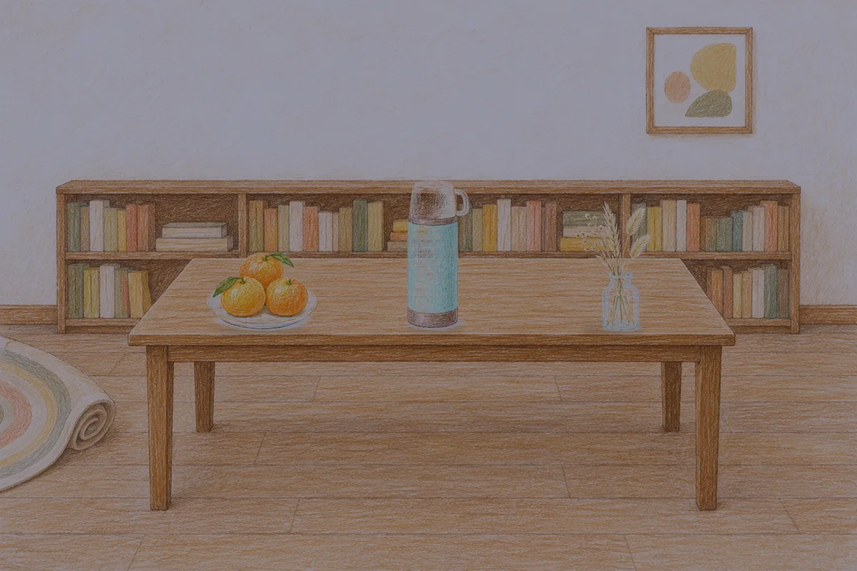 부천 여성전용 스웨디시 마사지 안내 그림, 밤의 서재 긴 책상 위에 놓인 귤이 담긴 접시, 보온병, 마른 풀을 꽂은 항아리