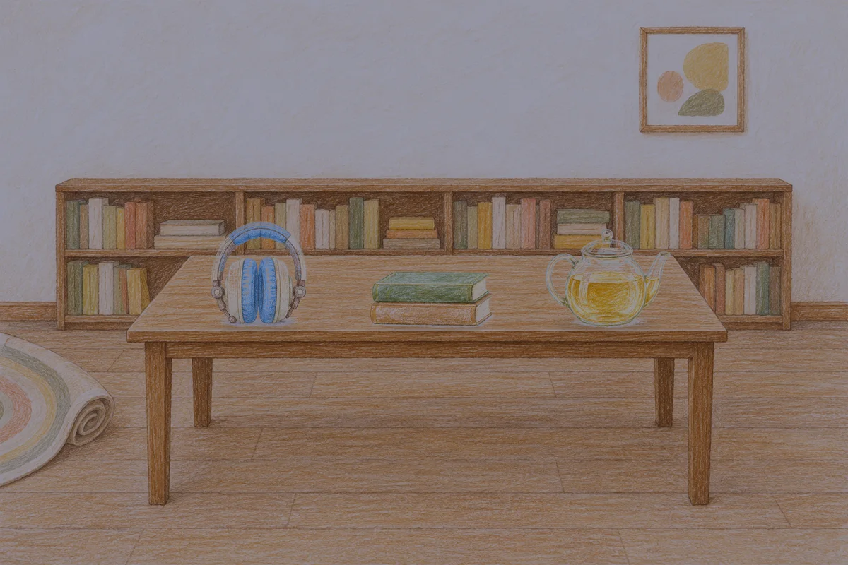부천 여성전용 스웨디시 가격 안내 그림, 밤의 서재 긴 책상 위에 놓인 헤드폰, 책 두 권, 유리 티포트