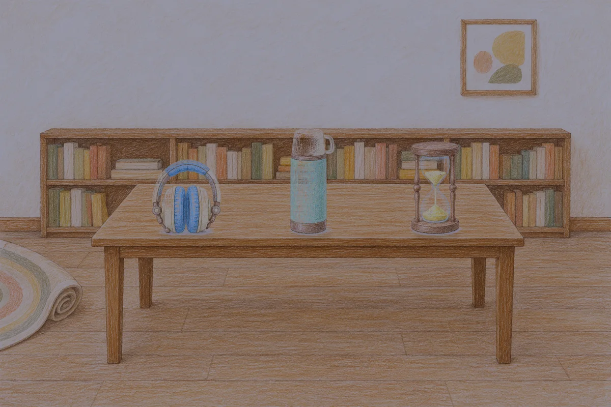 부천 여성전용 경락마사지 안내 그림, 밤의 서재 긴 책상 위에 놓인 헤드폰, 보온병, 모래시계