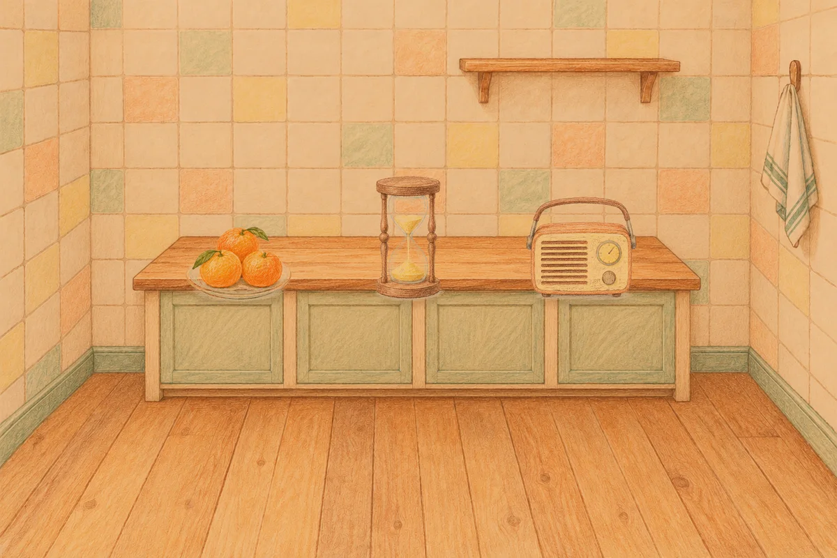 부천 여성전용 프라이빗 케어 안내 그림, 저녁의 부엌 나무 조리대 위에 놓인 귤이 담긴 접시, 모래시계, 작은 라디오