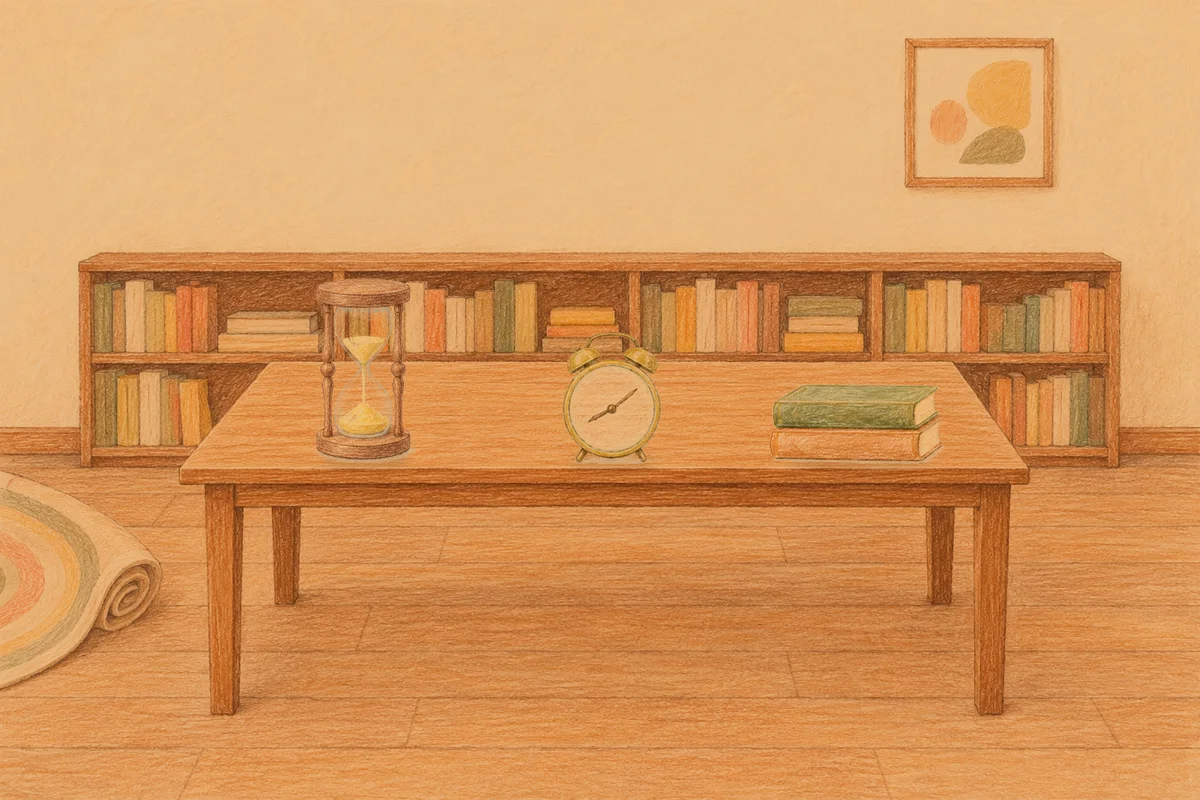 부천 여성전용 홈케어 추천 안내 그림, 저녁의 서재 긴 책상 위에 놓인 모래시계, 둥근 알람시계, 책 두 권