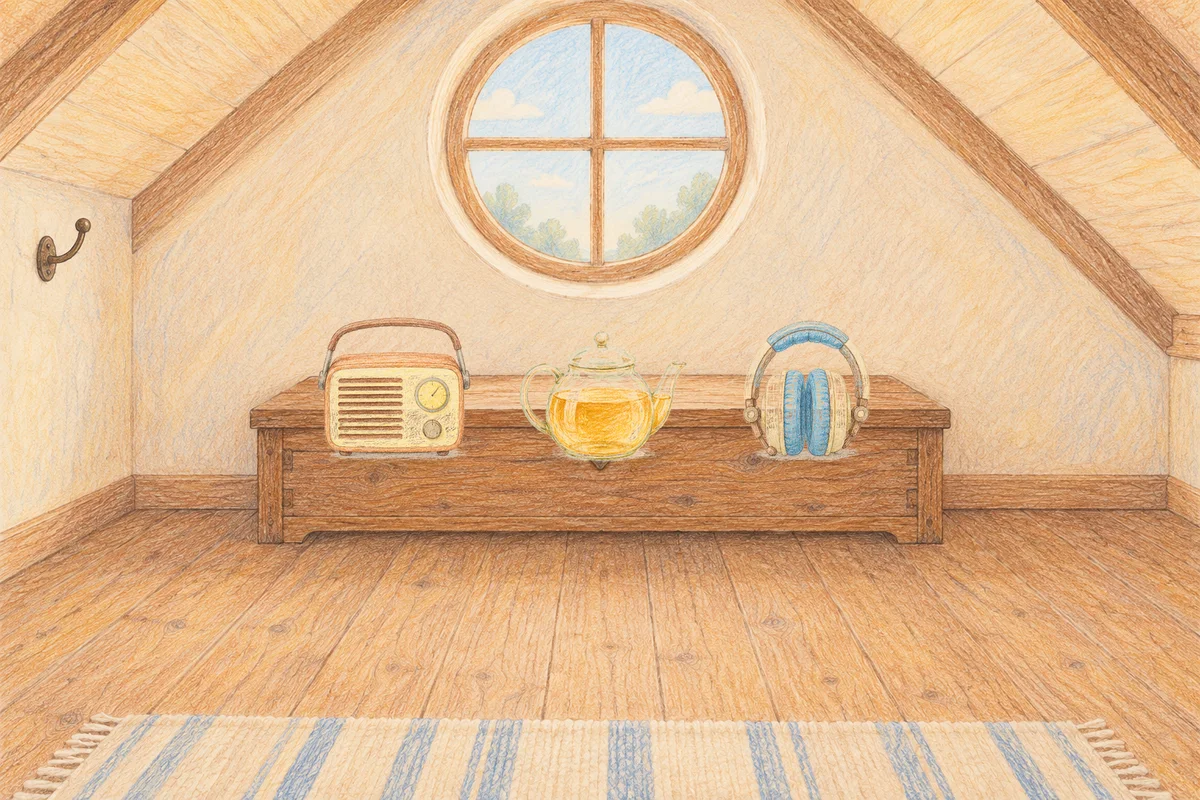 부천 여성전용 발관리 안내 그림, 낮의 다락방 나무 궤짝 위에 놓인 작은 라디오, 유리 티포트, 헤드폰