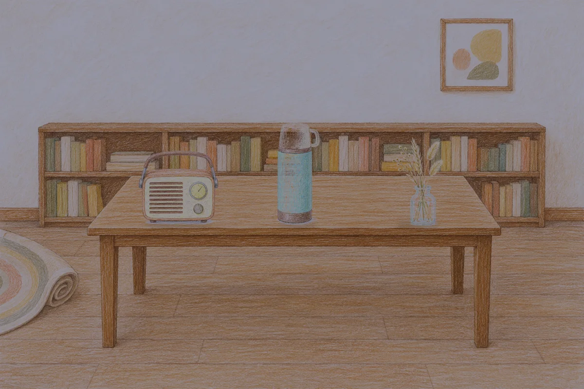 부천 여성전용 발 케어 안내 그림, 밤의 서재 긴 책상 위에 놓인 작은 라디오, 보온병, 마른 풀을 꽂은 항아리