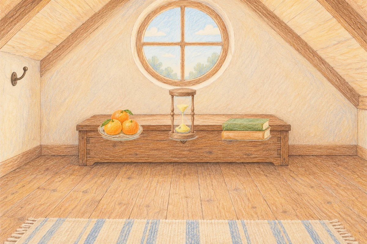 부천 여성전용 발관리 후기 안내 그림, 낮의 다락방 나무 궤짝 위에 놓인 귤이 담긴 접시, 모래시계, 책 두 권
