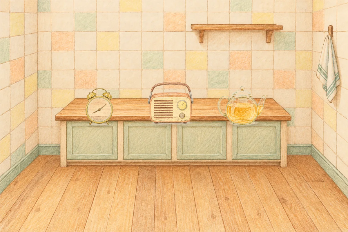 부천 여성전용 림프 마사지 안내 그림, 낮의 부엌 나무 조리대 위에 놓인 둥근 알람시계, 작은 라디오, 유리 티포트