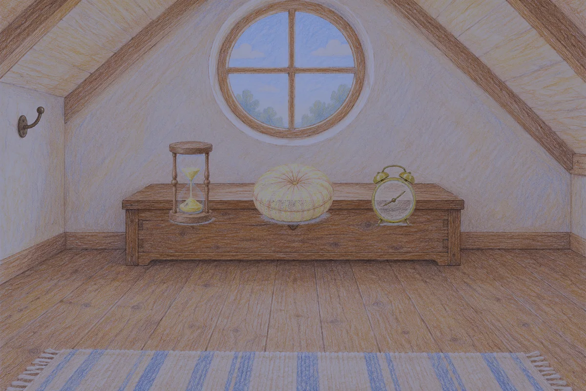 부천 여성전용 셀룰라이트 관리 안내 그림, 밤의 다락방 나무 궤짝 위에 놓인 모래시계, 둥근 쿠션, 둥근 알람시계