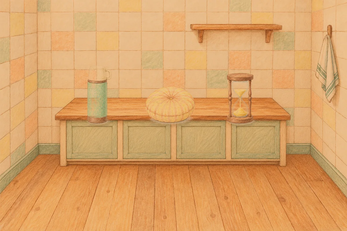 부천 여성전용 바디 케어 안내 그림, 저녁의 부엌 나무 조리대 위에 놓인 보온병, 둥근 쿠션, 모래시계