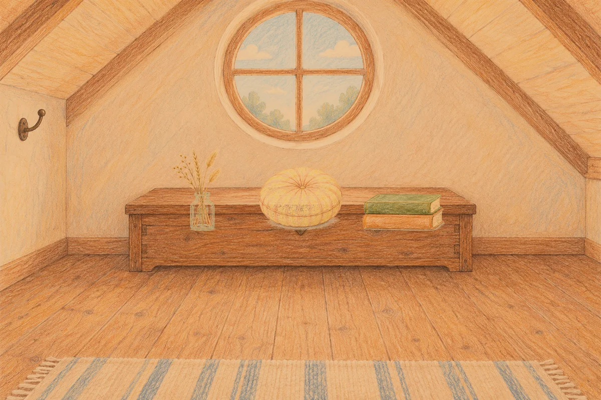부천 여성전용 복부 마사지 안내 그림, 저녁의 다락방 나무 궤짝 위에 놓인 마른 풀을 꽂은 항아리, 둥근 쿠션, 책 두 권