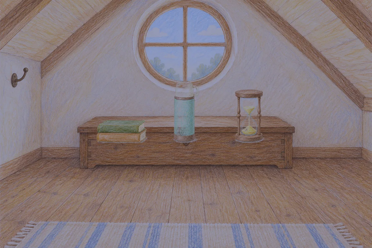 부천 여성전용 두피 케어 안내 그림, 밤의 다락방 나무 궤짝 위에 놓인 책 두 권, 보온병, 모래시계