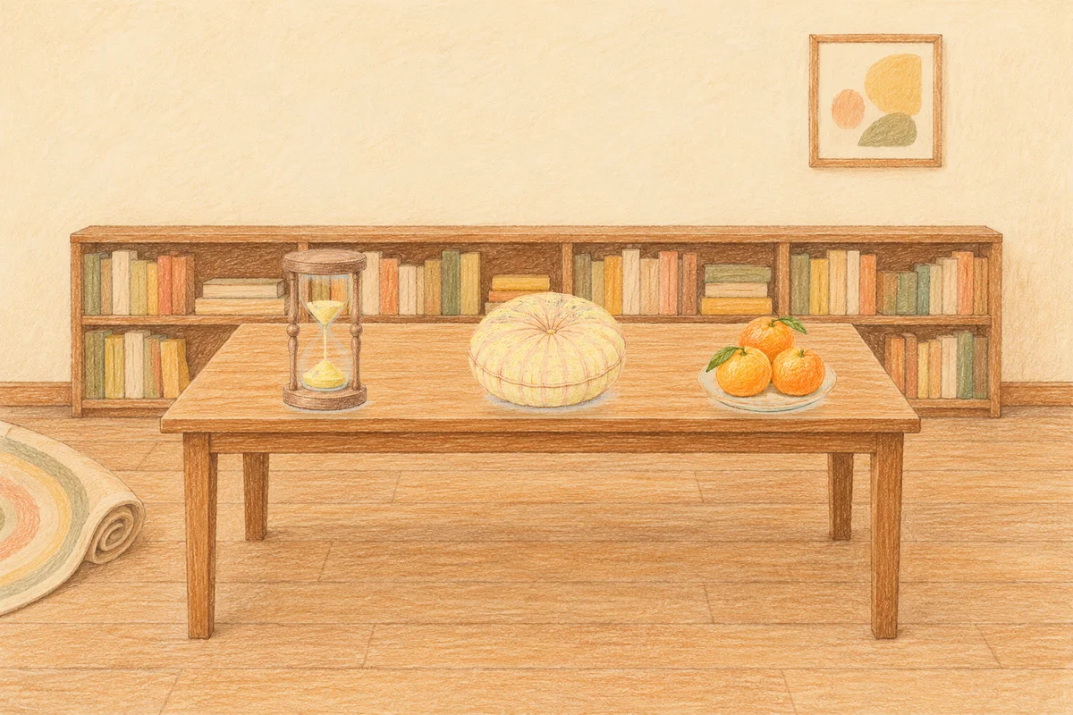 부천 여성전용 어깨 마사지 안내 그림, 낮의 서재 긴 책상 위에 놓인 모래시계, 둥근 쿠션, 귤이 담긴 접시