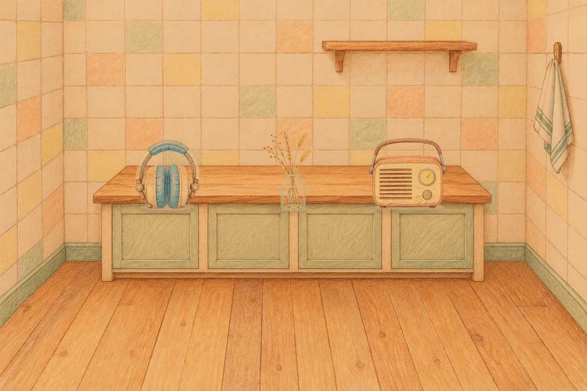 부천 여성전용 목 어깨 케어 안내 그림, 저녁의 부엌 나무 조리대 위에 놓인 헤드폰, 마른 풀을 꽂은 항아리, 작은 라디오