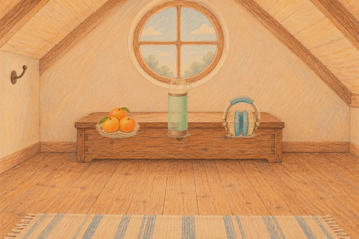 부천 여성전용 수면 케어 안내 그림, 저녁의 다락방 나무 궤짝 위에 놓인 귤이 담긴 접시, 보온병, 헤드폰