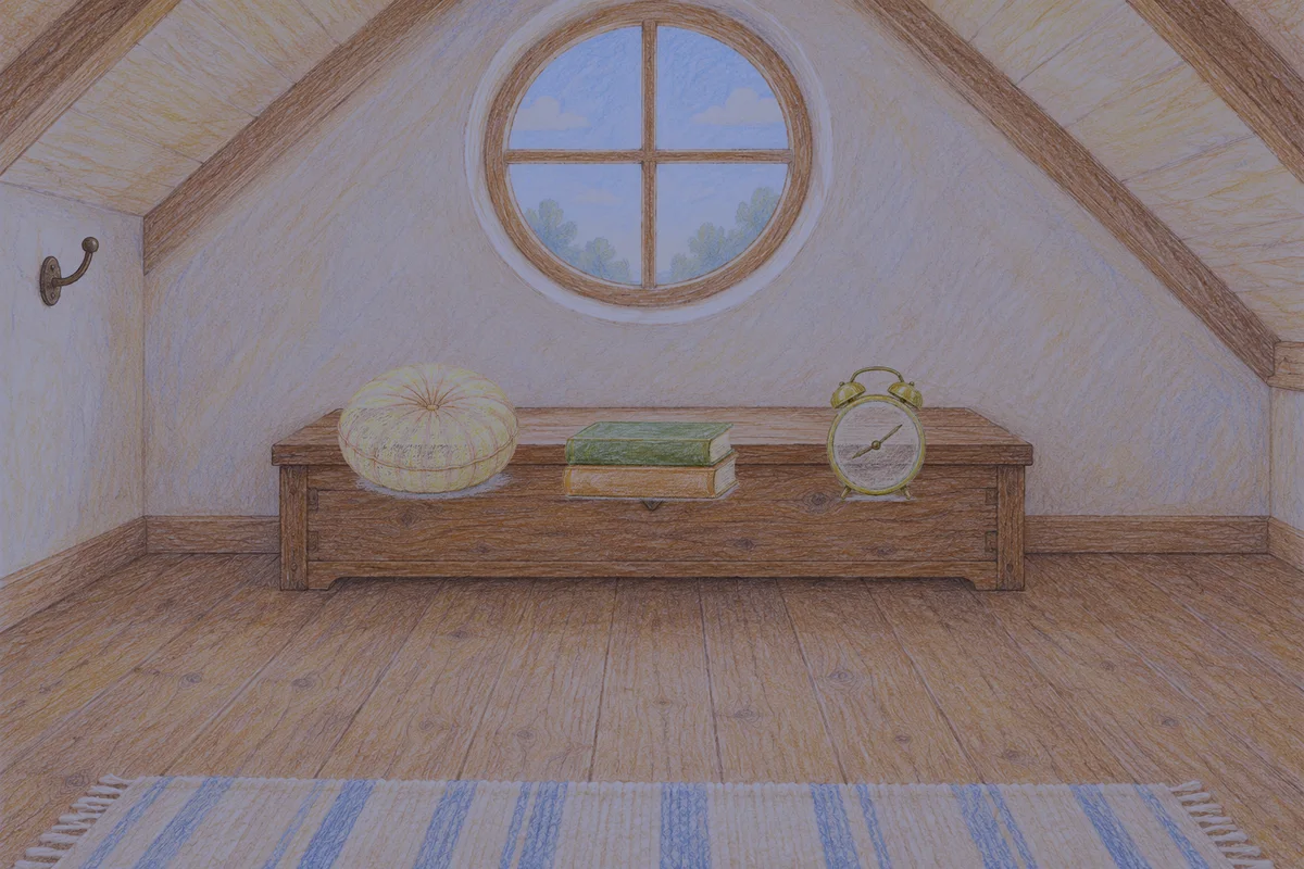 부천 여성전용 페이셜 마사지 안내 그림, 밤의 다락방 나무 궤짝 위에 놓인 둥근 쿠션, 책 두 권, 둥근 알람시계