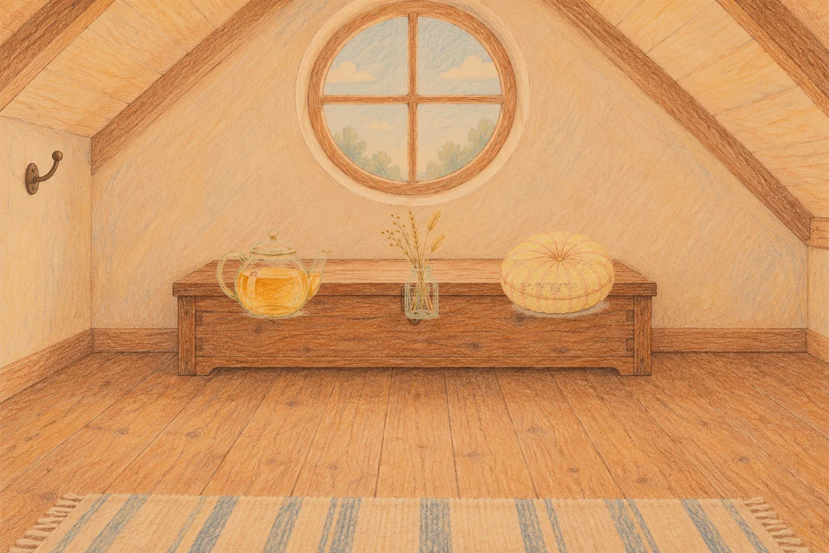 부천 여성전용 얼굴 마사지 안내 그림, 저녁의 다락방 나무 궤짝 위에 놓인 유리 티포트, 마른 풀을 꽂은 항아리, 둥근 쿠션
