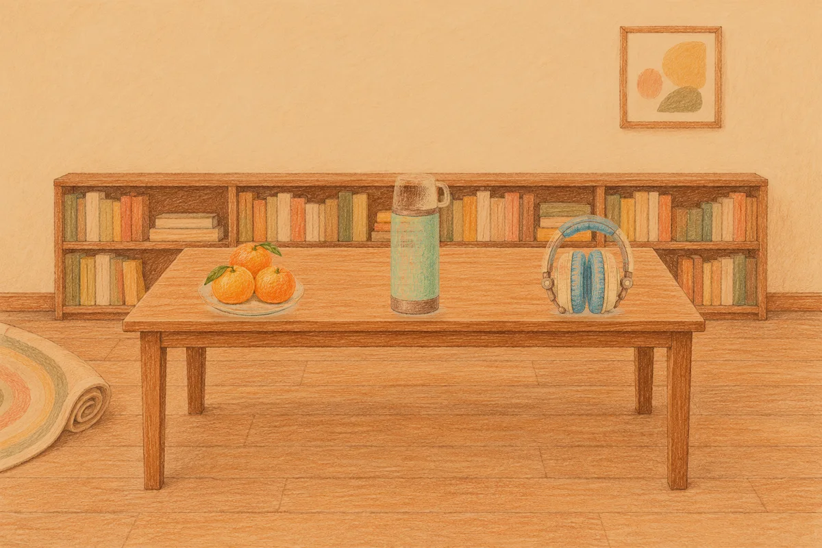 부천 여성전용 안티에이징 케어 안내 그림, 저녁의 서재 긴 책상 위에 놓인 귤이 담긴 접시, 보온병, 헤드폰