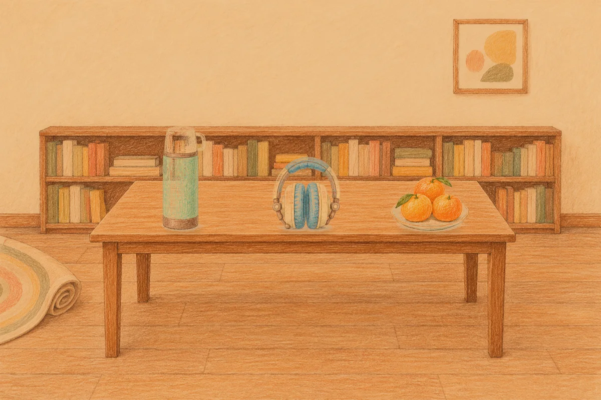 부천 여성전용 브라이덜 케어 안내 그림, 저녁의 서재 긴 책상 위에 놓인 보온병, 헤드폰, 귤이 담긴 접시