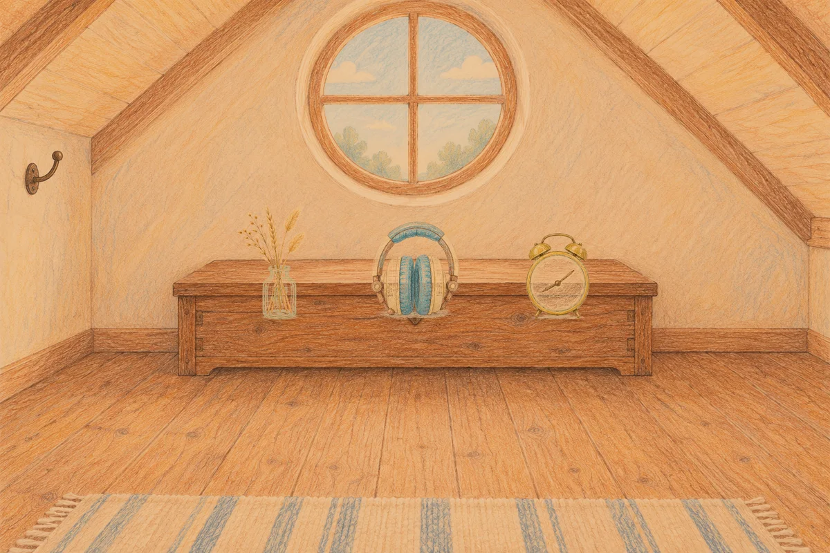 부천 여성전용 출장 마사지 후기 안내 그림, 저녁의 다락방 나무 궤짝 위에 놓인 마른 풀을 꽂은 항아리, 헤드폰, 둥근 알람시계